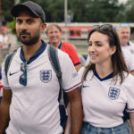 FRANKFURT AM MAIN, GERMANY - JUNE 20: England fans travel to the Deutsche Bank Park stadium for the UEFA Euro 2024 Football Championship match between England and Denmark on June 20, 2024 in Frankfurt am Main, Germany.  (Photo by Jack Taylor - The FA/The FA via Getty Images)